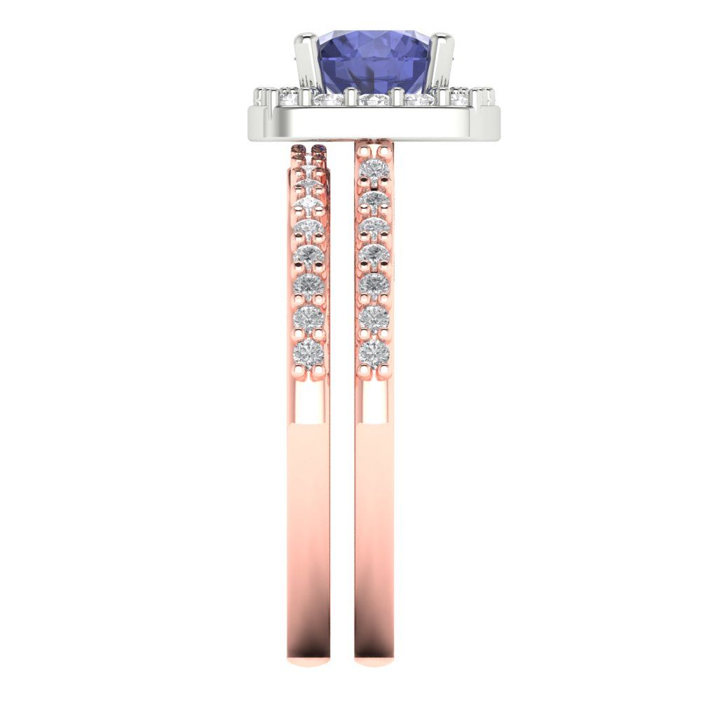 1.495 cttw Round Cut Simulated Tanzanite Bridal Set - Solid Rose/White Gold Engagement Ring & Wedding Band