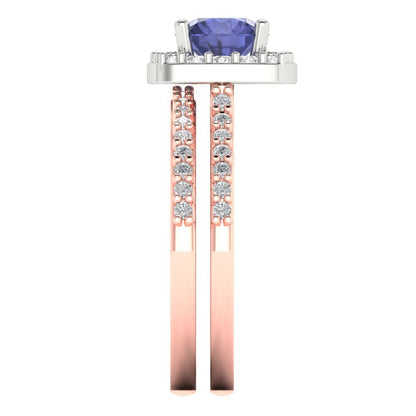 1.495 cttw Round Cut Simulated Tanzanite Bridal Set - Solid Rose/White Gold Engagement Ring & Wedding Band