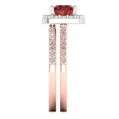 1.495 cttw Round Cut Natural Garnet Bridal Set - Solid Rose/White Gold Engagement Ring & Wedding Band