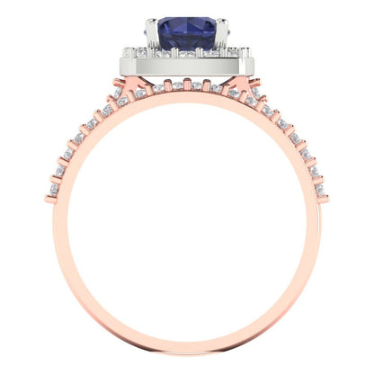 1.495 cttw Round Cut Simulated Blue Sapphire Bridal Set - Solid Rose/White Gold Engagement Ring & Wedding Band