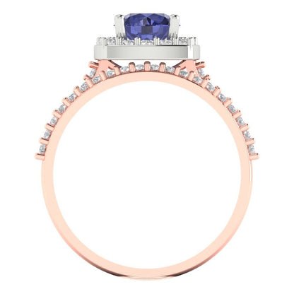 1.495 cttw Round Cut Simulated Tanzanite Bridal Set - Solid Rose/White Gold Engagement Ring & Wedding Band