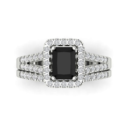 1.72 cttw Emerald Cut Natural Onyx Bridal Set - Solid White Gold Engagement Ring & Wedding Band
