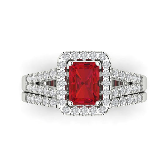 1.72 cttw Emerald Cut Simulated Pink Tourmaline Bridal Set - Solid White Gold Engagement Ring & Wedding Band