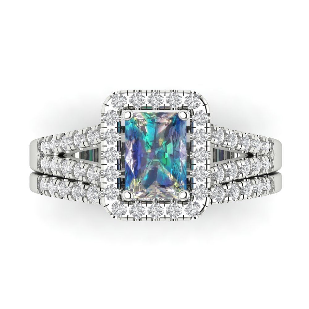 1.72 cttw Emerald Cut Blue Moissanite Bridal Set - Solid White Gold Engagement Ring & Wedding Band