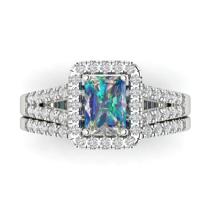1.72 cttw Emerald Cut Blue Moissanite Bridal Set - Solid White Gold Engagement Ring & Wedding Band