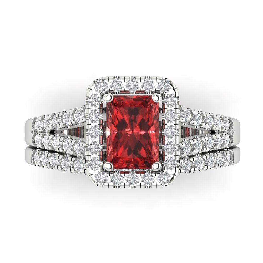 1.72 cttw Emerald Cut Natural Garnet Bridal Set - Solid White Gold Engagement Ring & Wedding Band