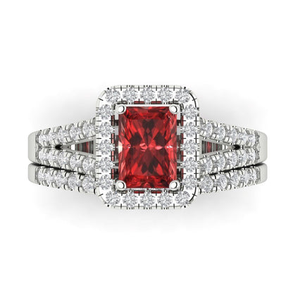 1.72 cttw Emerald Cut Natural Garnet Bridal Set - Solid White Gold Engagement Ring & Wedding Band