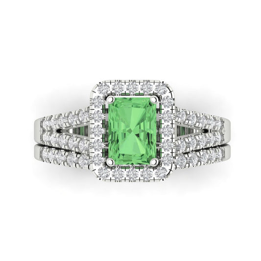1.72 cttw Emerald Cut Simulated Green Diamond Bridal Set - Solid White Gold Engagement Ring & Wedding Band