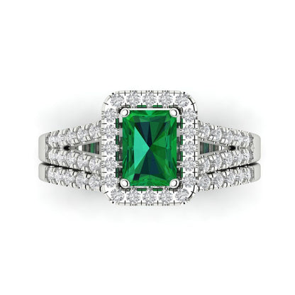 1.72 cttw Emerald Cut Simulated Emerald Bridal Set - Solid White Gold Engagement Ring & Wedding Band