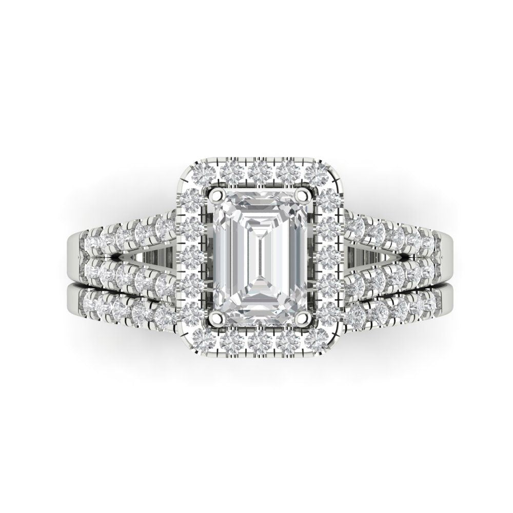 1.57ct Brilliant Emerald Cut Natural Diamond Stone Clarity VS1-2 Color G-H White Gold Halo Solitaire with Accents Bridal Set
