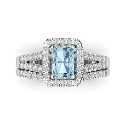 1.72 cttw Emerald Cut Natural Sky Blue Topaz Bridal Set - Solid White Gold Engagement Ring & Wedding Band