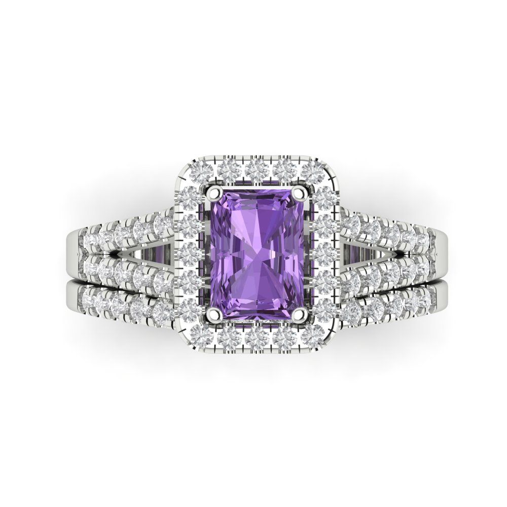 1.72 cttw Emerald Cut Simulated Alexandrite Bridal Set - Solid White Gold Engagement Ring & Wedding Band
