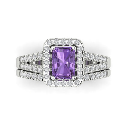 1.72 cttw Emerald Cut Simulated Alexandrite Bridal Set - Solid White Gold Engagement Ring & Wedding Band