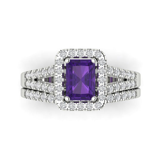1.72 cttw Emerald Cut Natural Amethyst Bridal Set - Solid White Gold Engagement Ring & Wedding Band