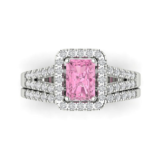 1.72 cttw Emerald Cut Simulated Pink Diamond Bridal Set - Solid White Gold Engagement Ring & Wedding Band