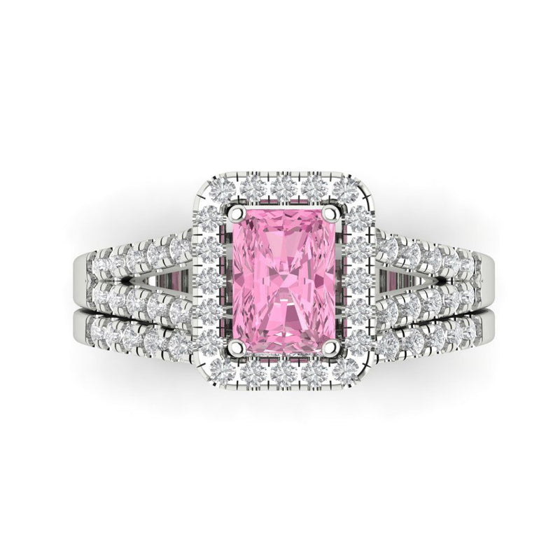 1.57ct Brilliant Emerald Cut Pink Simulated Diamond Stone White Gold Halo Solitaire with Accents Bridal Set