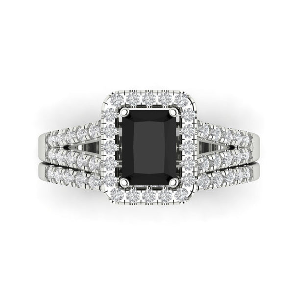 1.72 cttw Emerald Cut Natural Onyx Bridal Set - Solid White Gold Engagement Ring & Wedding Band