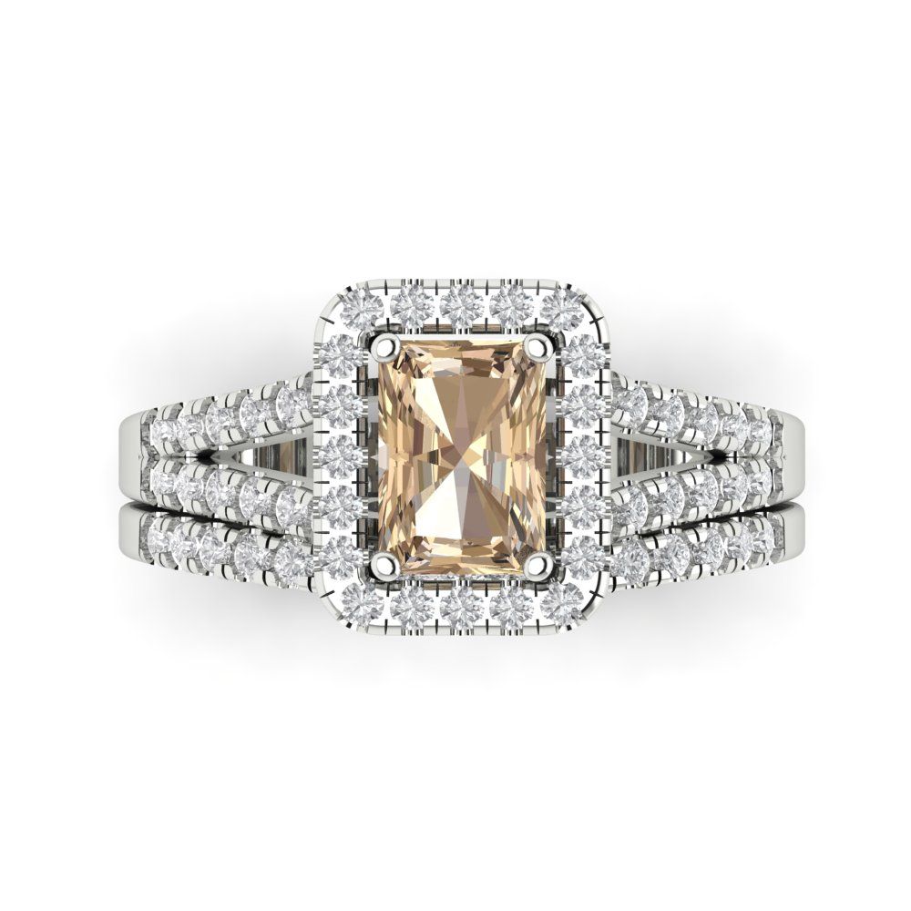 1.72 cttw Emerald Cut Yellow Moissanite Bridal Set - Solid White Gold Engagement Ring & Wedding Band