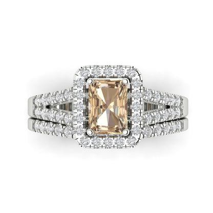 1.72 cttw Emerald Cut Yellow Moissanite Bridal Set - Solid White Gold Engagement Ring & Wedding Band