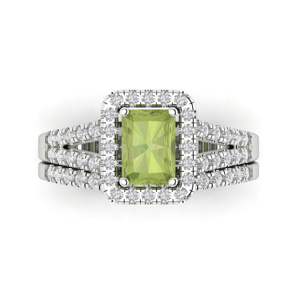 1.72 cttw Emerald Cut Natural Peridot Bridal Set - Solid White Gold Engagement Ring & Wedding Band