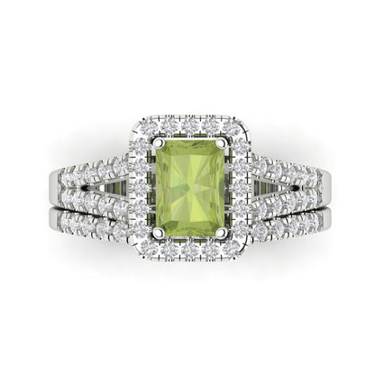 1.72 cttw Emerald Cut Natural Peridot Bridal Set - Solid White Gold Engagement Ring & Wedding Band