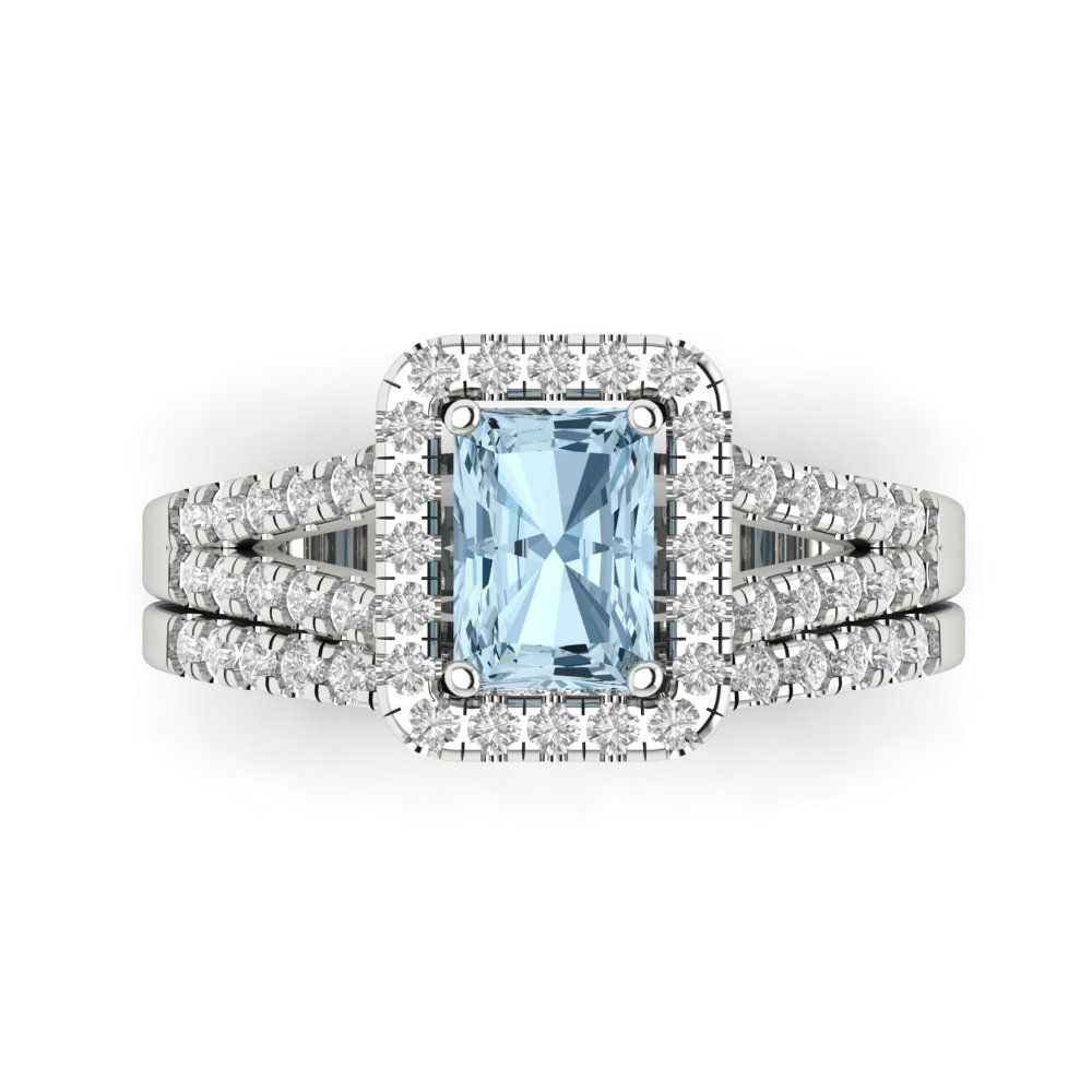 1.72 cttw Emerald Cut Simulated Blue Diamond Bridal Set - Solid White Gold Engagement Ring & Wedding Band