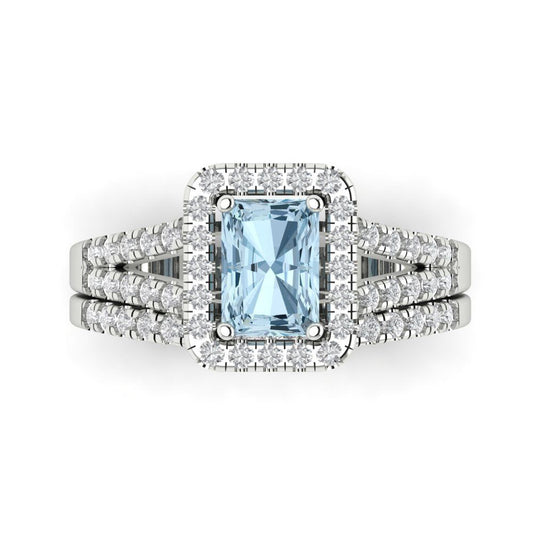 1.72 cttw Emerald Cut Simulated Blue Diamond Bridal Set - Solid White Gold Engagement Ring & Wedding Band
