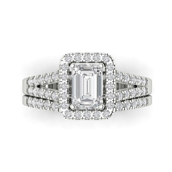 1.57ct Brilliant Emerald Cut Genuine Cultured Diamond Stone Clarity VS1-2 Color J-K White Gold Halo Solitaire with Accents Bridal Set