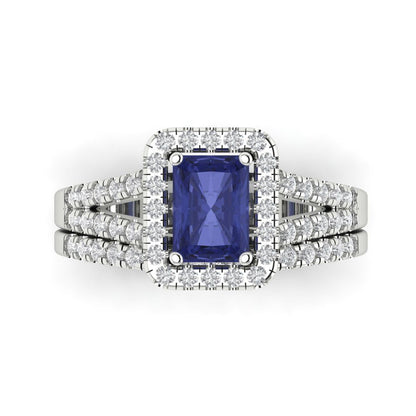 1.72 cttw Emerald Cut Simulated Tanzanite Bridal Set - Solid White Gold Engagement Ring & Wedding Band