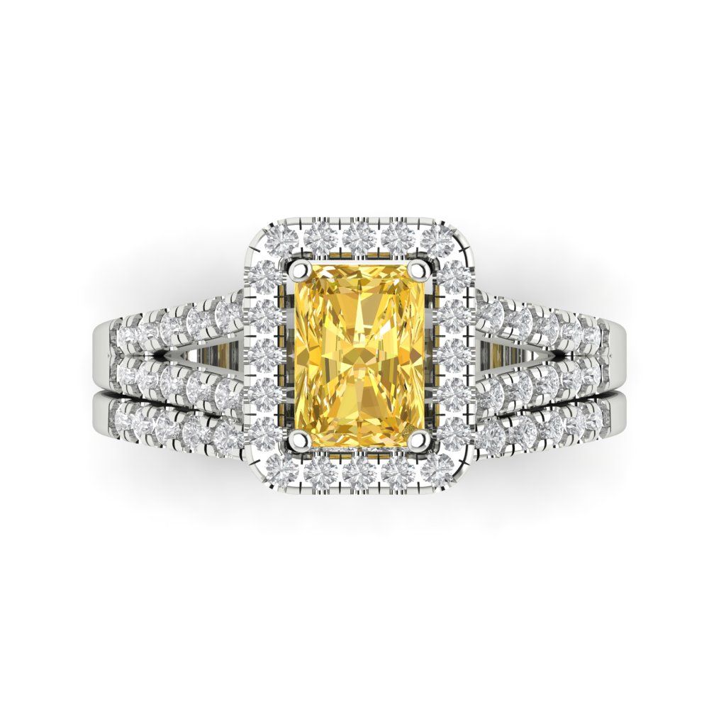 1.72 cttw Emerald Cut Simulated Yellow Diamond Bridal Set - Solid White Gold Engagement Ring & Wedding Band