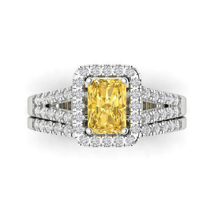 1.72 cttw Emerald Cut Simulated Yellow Diamond Bridal Set - Solid White Gold Engagement Ring & Wedding Band