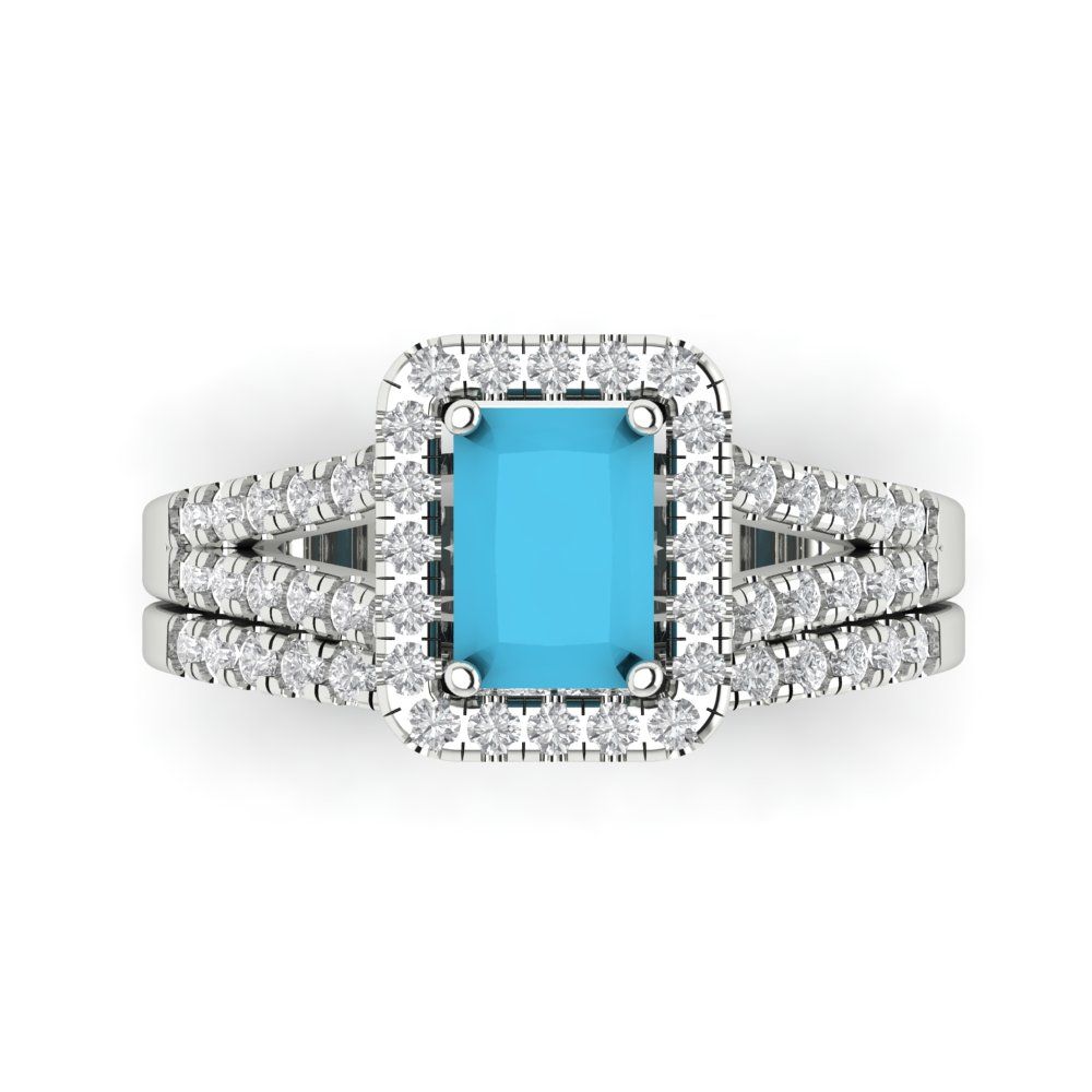 1.72 cttw Emerald Cut Simulated Turquoise Bridal Set - Solid White Gold Engagement Ring & Wedding Band
