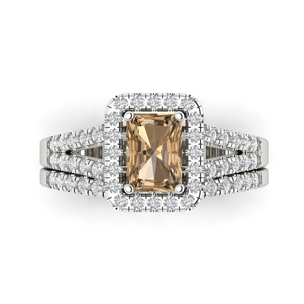 1.72 cttw Emerald Cut Simulated Champagne Diamond Bridal Set - Solid White Gold Engagement Ring & Wedding Band