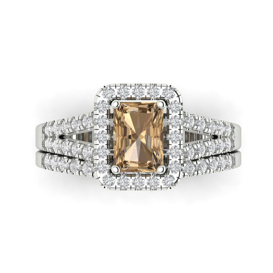 1.72 cttw Emerald Cut Simulated Champagne Diamond Bridal Set - Solid White Gold Engagement Ring & Wedding Band