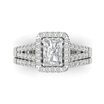 1.72 cttw Emerald Cut Moissanite Bridal Set - Solid White Gold Engagement Ring & Wedding Band
