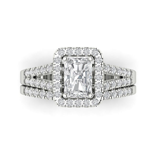 1.72 cttw Emerald Cut Moissanite Bridal Set - Solid White Gold Engagement Ring & Wedding Band