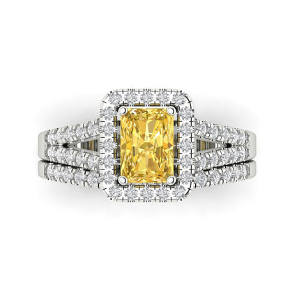 1.72 cttw Emerald Cut Natural Citrine Bridal Set - Solid White Gold Engagement Ring & Wedding Band