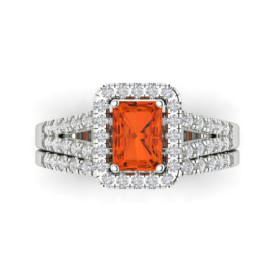 1.72 cttw Emerald Cut Simulated Red Diamond Bridal Set - Solid White Gold Engagement Ring & Wedding Band