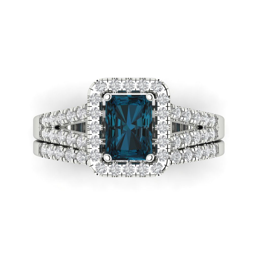 1.72 cttw Emerald Cut Natural London Blue Topaz Bridal Set - Solid White Gold Engagement Ring & Wedding Band