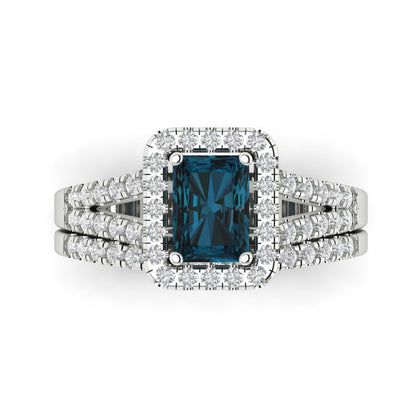 1.72 cttw Emerald Cut Natural London Blue Topaz Bridal Set - Solid White Gold Engagement Ring & Wedding Band