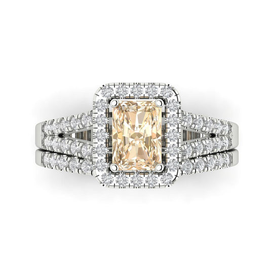 1.72 cttw Emerald Cut Natural Morganite Bridal Set - Solid White Gold Engagement Ring & Wedding Band
