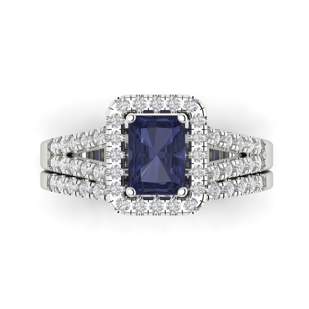 1.72 cttw Emerald Cut Simulated Blue Sapphire Bridal Set - Solid White Gold Engagement Ring & Wedding Band