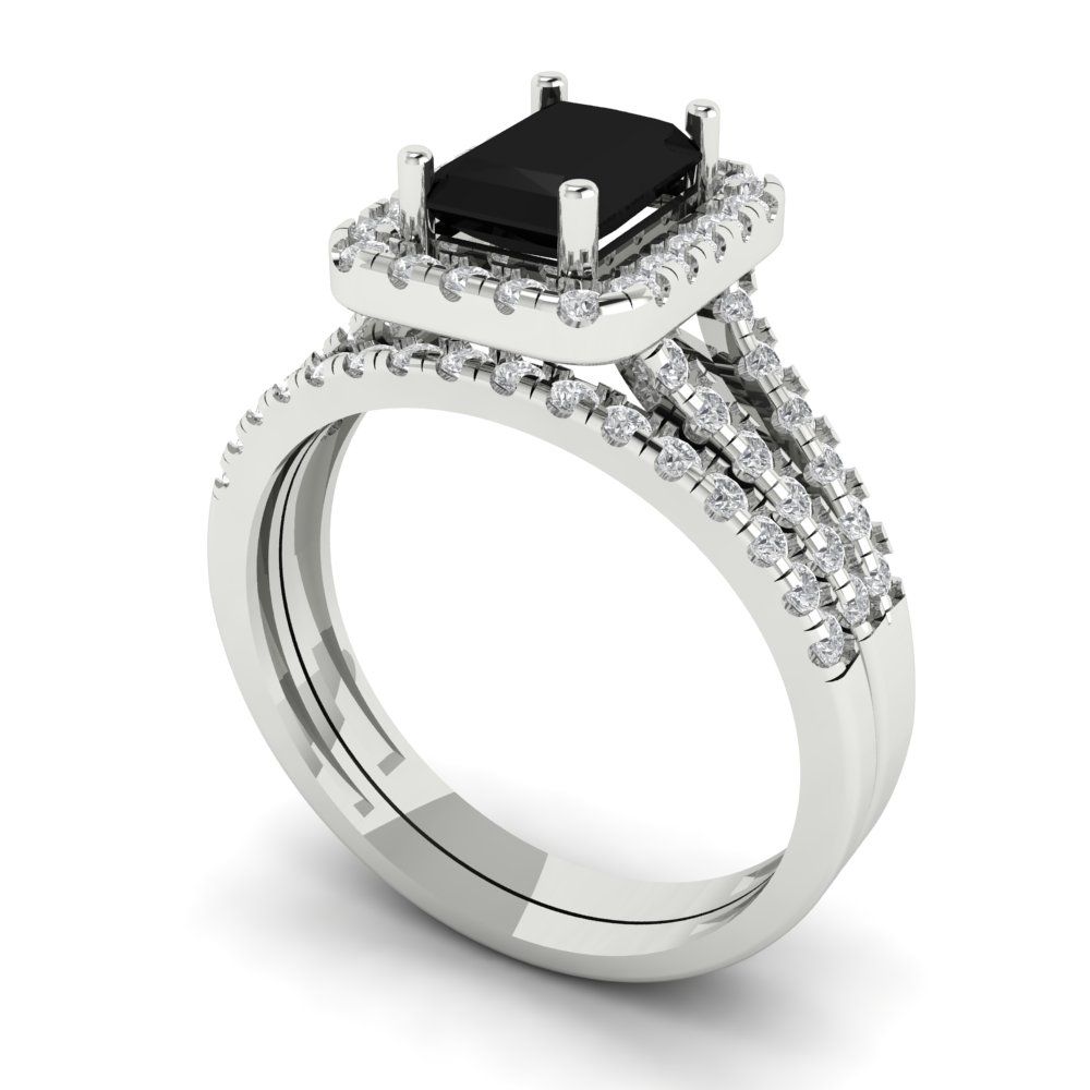 1.72 cttw Emerald Cut Natural Onyx Bridal Set - Solid White Gold Engagement Ring & Wedding Band
