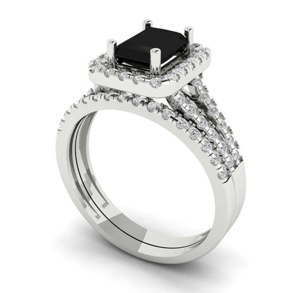 1.72 cttw Emerald Cut Natural Onyx Bridal Set - Solid White Gold Engagement Ring & Wedding Band