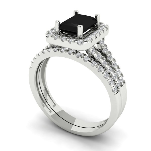 1.57ct Brilliant Emerald Cut Natural Onyx Stone White Gold Halo Solitaire with Accents Bridal Set
