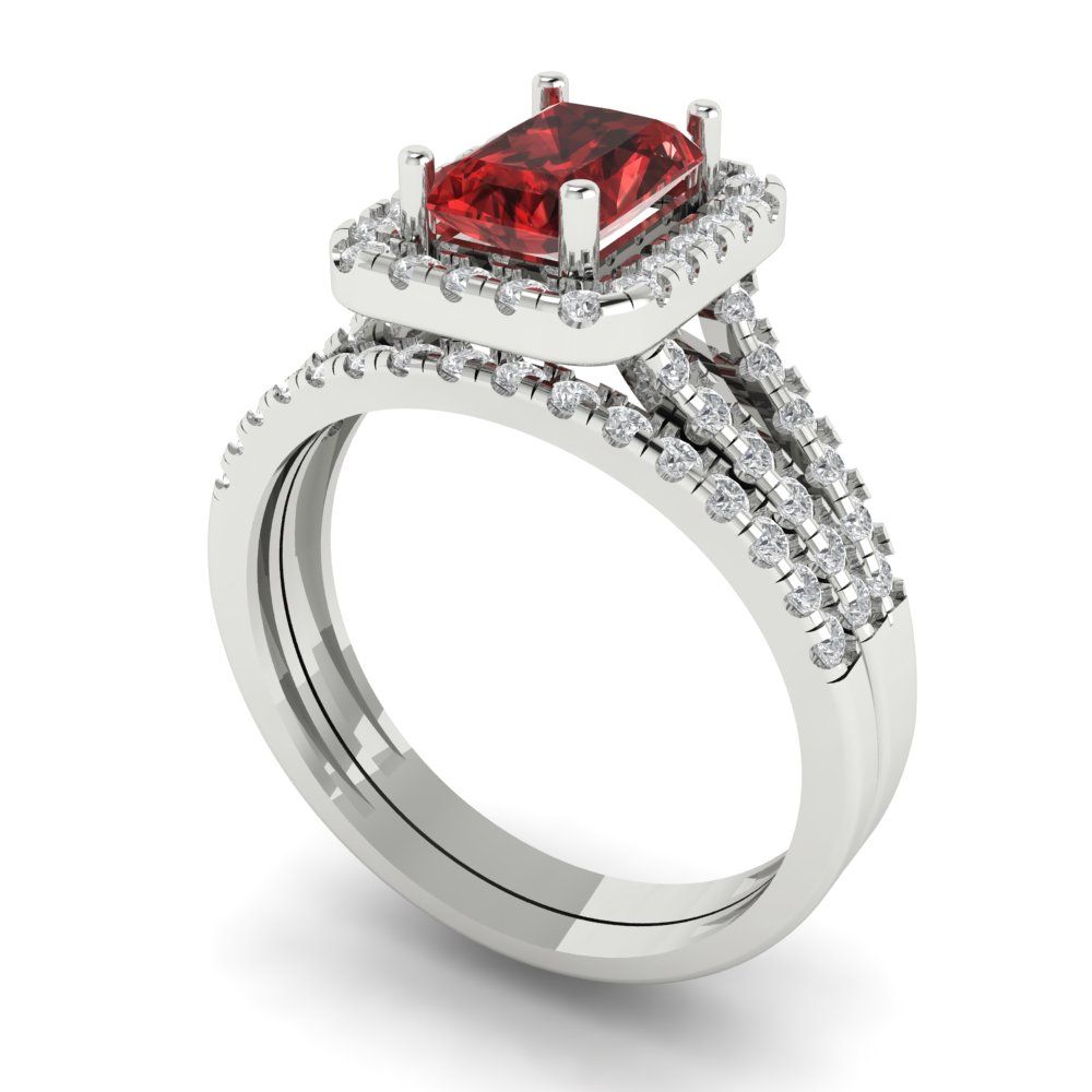 1.72 cttw Emerald Cut Natural Garnet Bridal Set - Solid White Gold Engagement Ring & Wedding Band