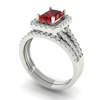 1.72 cttw Emerald Cut Natural Garnet Bridal Set - Solid White Gold Engagement Ring & Wedding Band