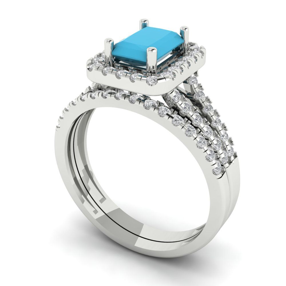 1.72 cttw Emerald Cut Simulated Turquoise Bridal Set - Solid White Gold Engagement Ring & Wedding Band