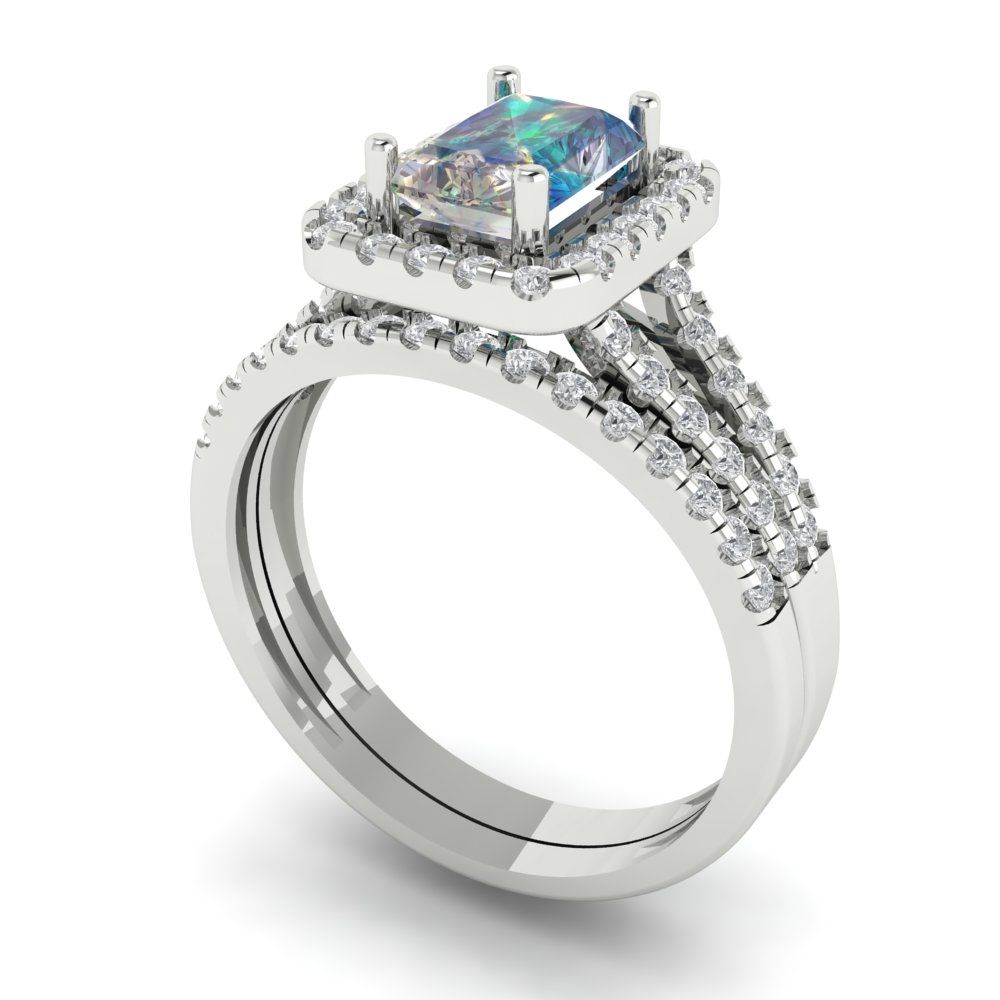 1.72 cttw Emerald Cut Blue Moissanite Bridal Set - Solid White Gold Engagement Ring & Wedding Band