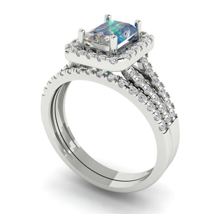1.72 cttw Emerald Cut Blue Moissanite Bridal Set - Solid White Gold Engagement Ring & Wedding Band